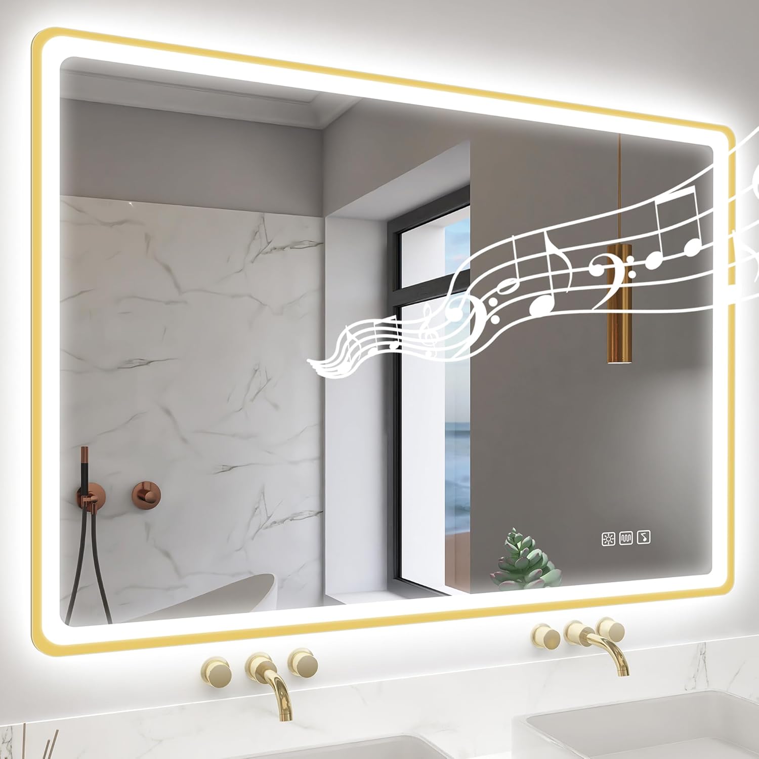 STARLEAD 100x70cm Golden LED-Badspiegel-mit-Beleuchtung und Bluetooth, Entfoggen, Dimmbar, 3 Lichtfarben, HD Gehärtetes Glas, IP44 Wasserdicht, Horizontal/Vertikal
