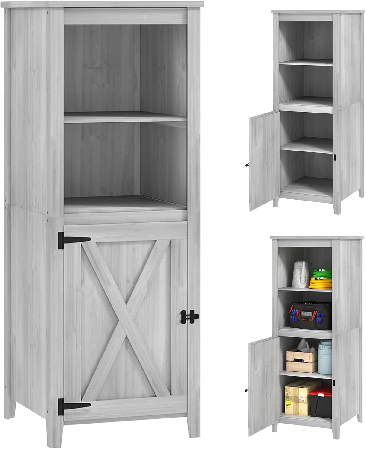 Outsunny Gartenschrank Holz, wetterfest 60x60x160cm Gartenschuppen, Geräteschuppen mit höhenverstellbar Ablagen, Tür, Abschließbar Gerätehaus, Geräteschrank für Terrasse, Hinterhof, Garten, Hellgrau
