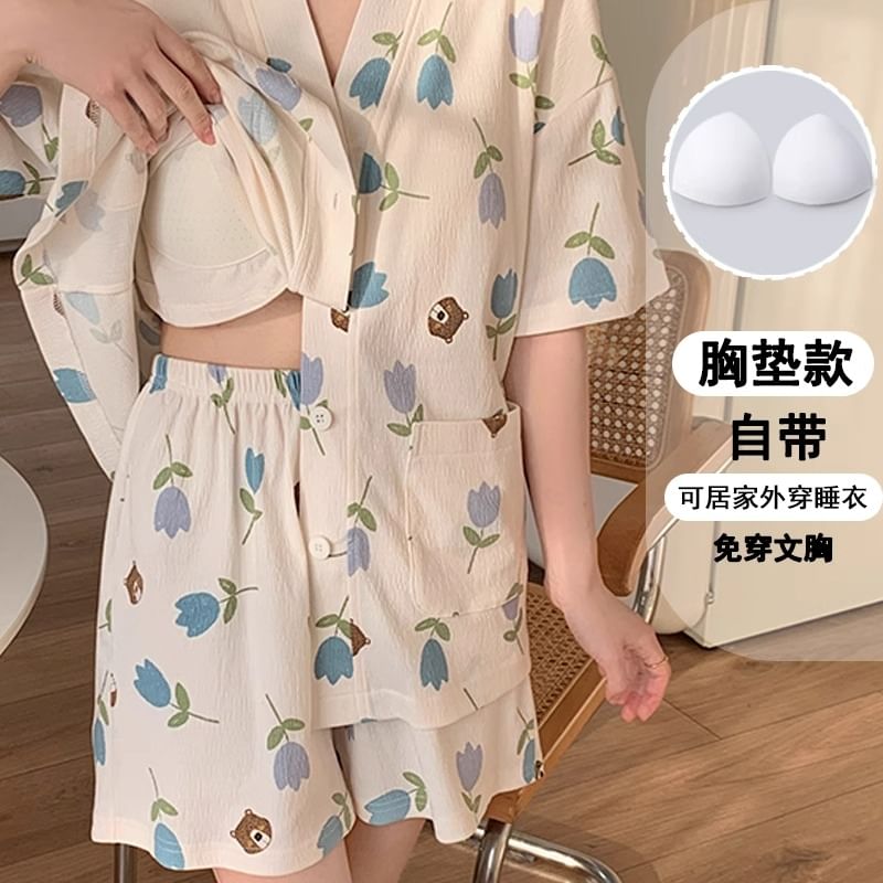 Dazzli - Pyjamaset: Gewatteerd shirt met korte mouwen, V-hals en patroonprint + Shorts met elastische taille
