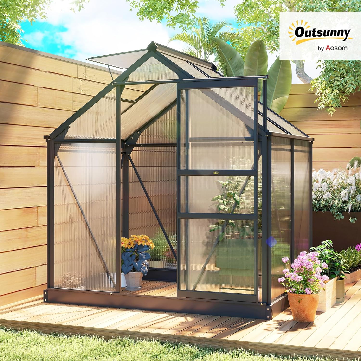 Outsunny Gewächshaus Aluminium Treibhaus mit Dachfenster Tür 190 x 132 x 201 cm Pflanzenhaus mit Fundament begehbares Tomatenhaus Witterungsbeständig Polycarbonat Grau+Transparent