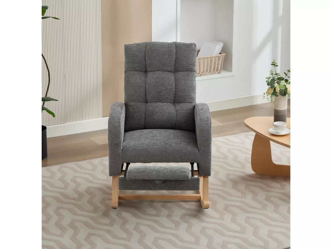 Fauteuil à bascule 132x50x99cm - Structure en bois massif - Velours - Gris