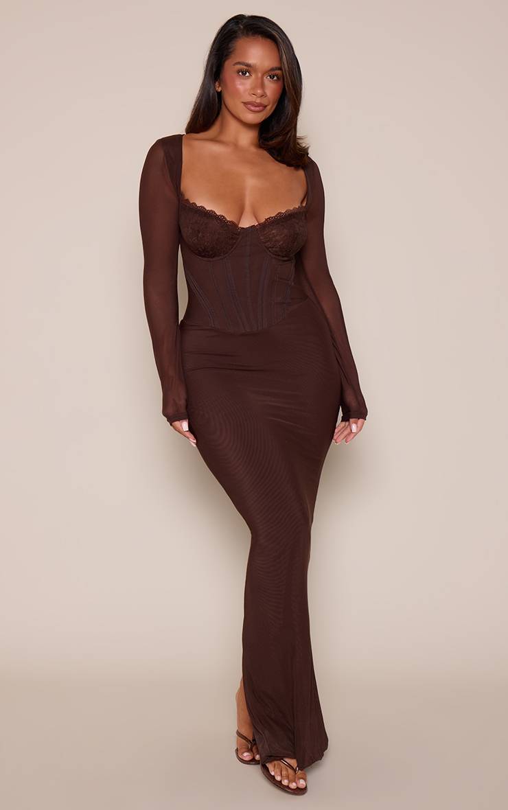 Chocolat Robe Longue Corsetée Moulante En Mesh Avec Empiècements En Dentelle