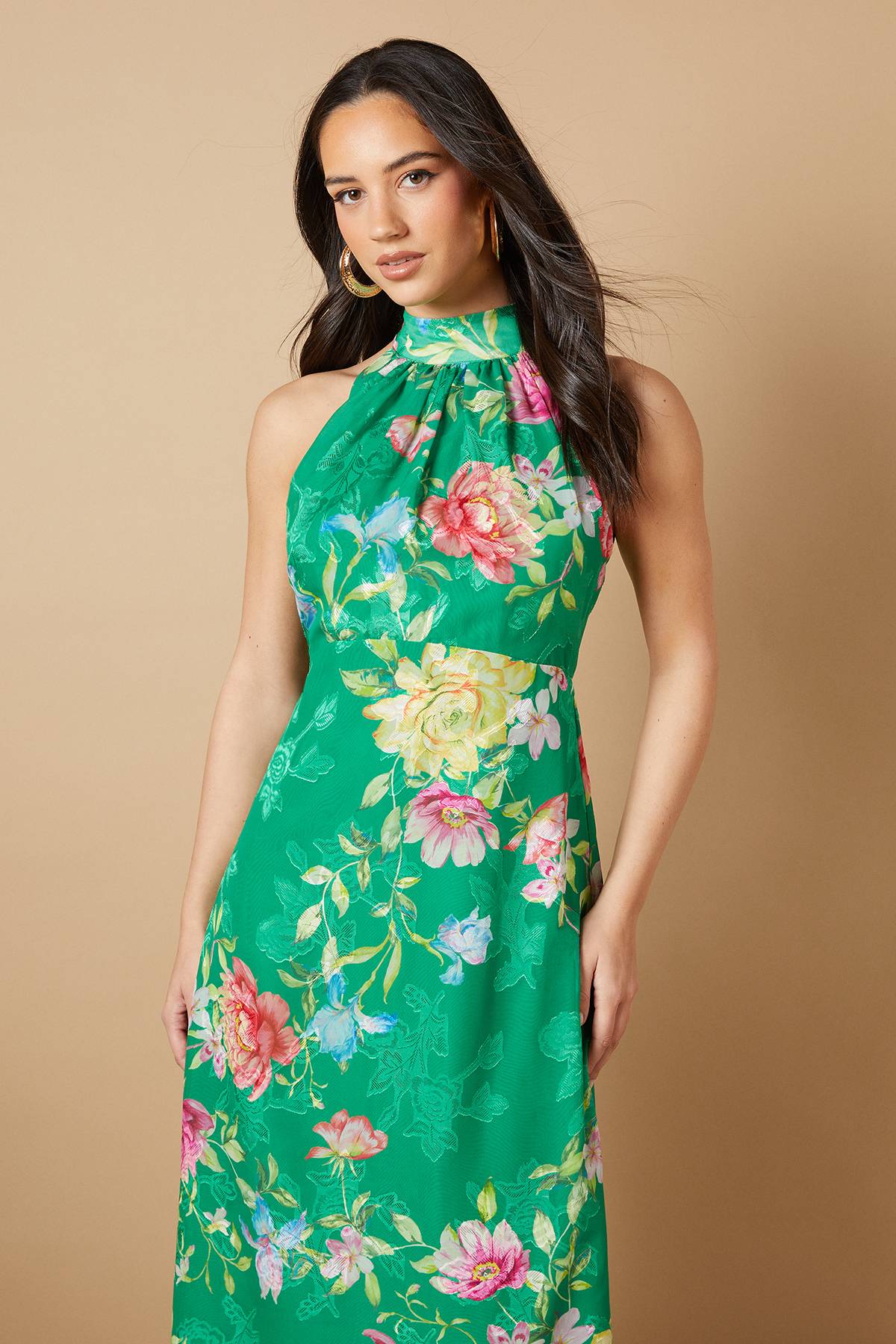 Oasis Robe Mi-Longue à Col Halter en Satin Floral Dévoré
