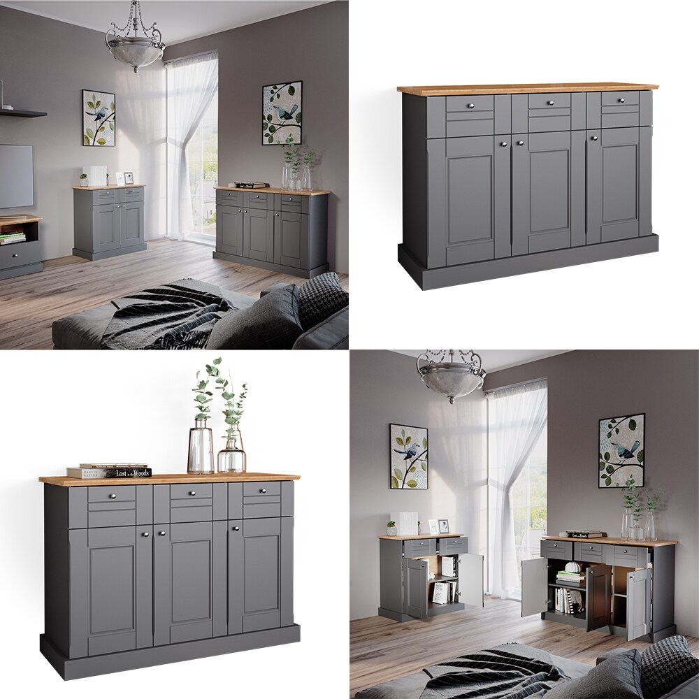 Vicco Sideboard Kommode Mehrzweckschrank Bergamo Grau Eiche Wohnzimmer Schrank 121x87 cm Vintage Ablage Schublade Schranktür Anrichte Wohnzimmermöbel