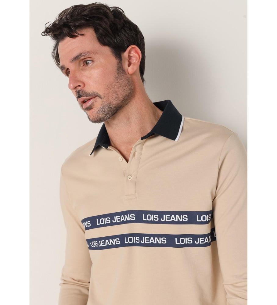 Polo Lois de manga comprida com gola jacquard e duas listras bege.