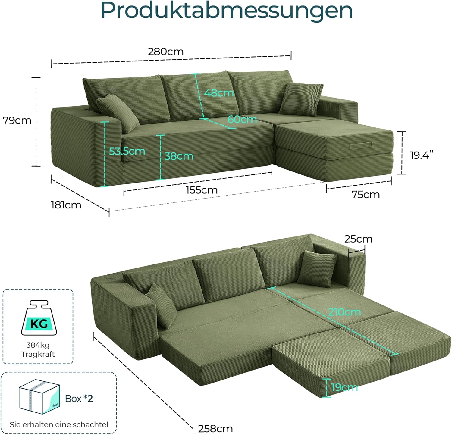 LINSY HOME Ecksofa mit Schlaffunktion - Bodensofa Bed mit Pillow Back Support Armrest - Schlafsofa Klappbar - Compressed Sofa in Box - Cord Stoff für Wohnzimmer Schlafzimmer (Grün)