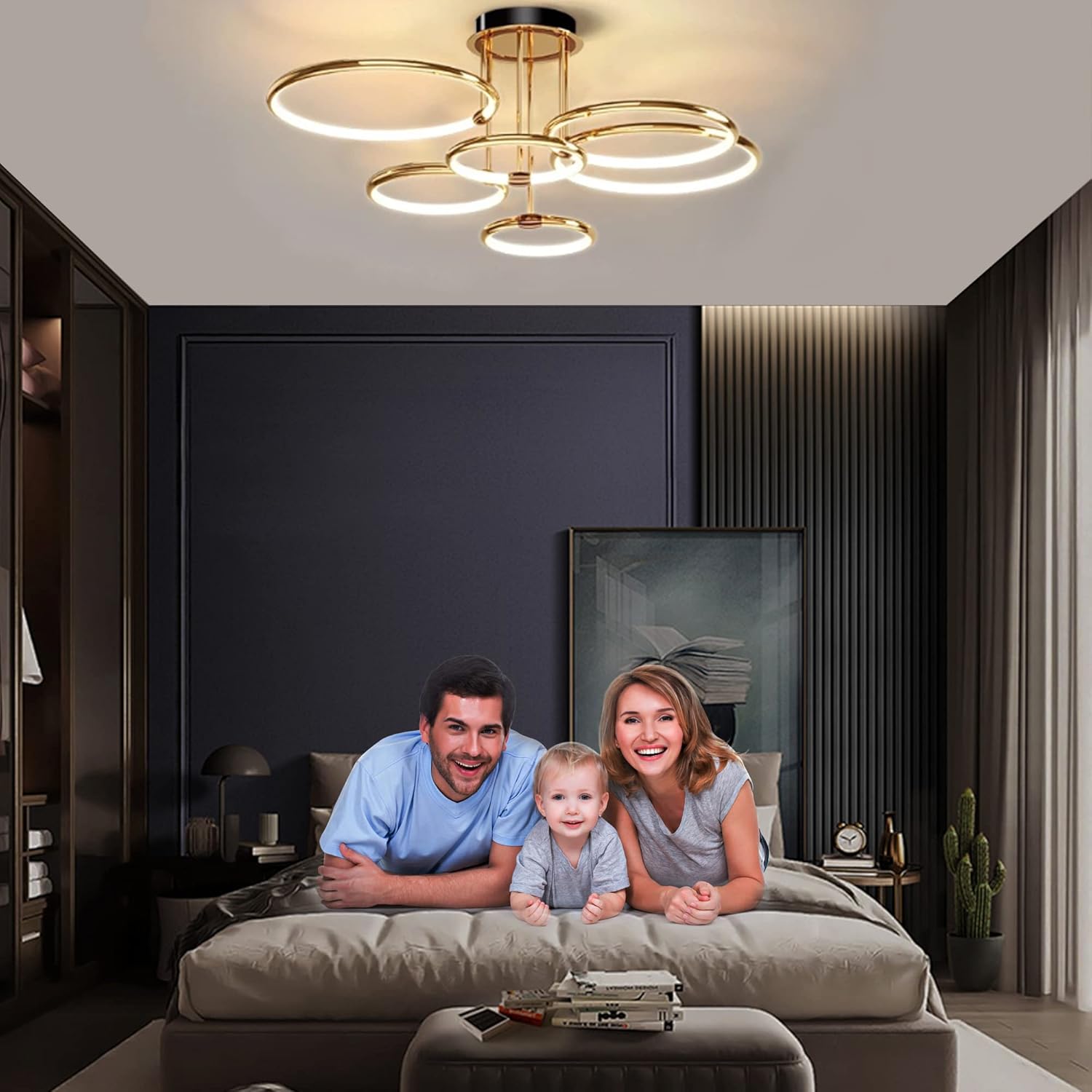 LED Deckenleuchte Modern Design Deckenlampen Gold 6-Ring Lampen Dimmbar Wohnzimmerlampe mit Fernbedienung, Aluminium Led Beleuchtung für Wohnzimmer Schlafzimmer Küche Esszimmer Büro 104cm, 140W…