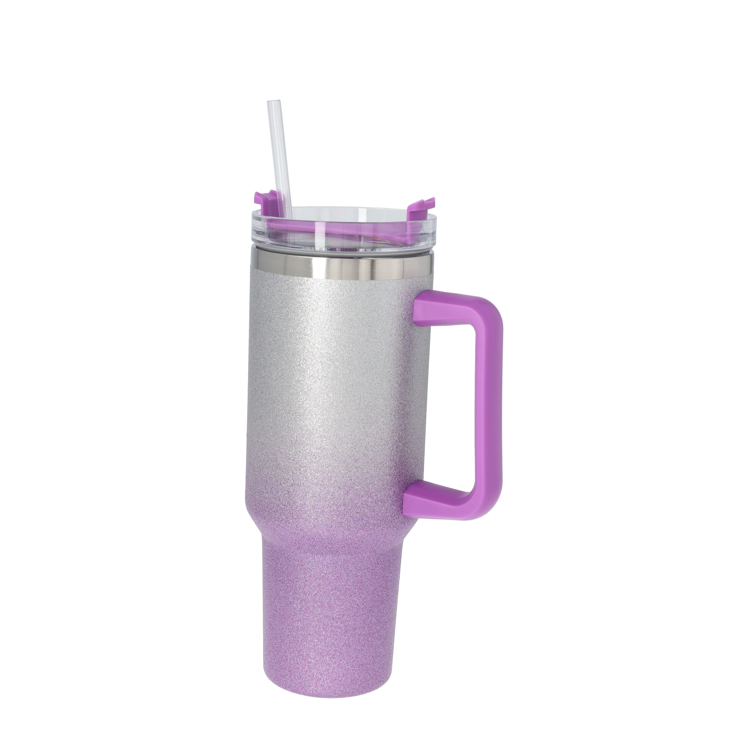 (1.2L) Edelstahl Thermo Kaffee Becher Doppelwandiger Trinkbecher Glitzer Thermoskanne mit Deckel   Strohhalm - Lila