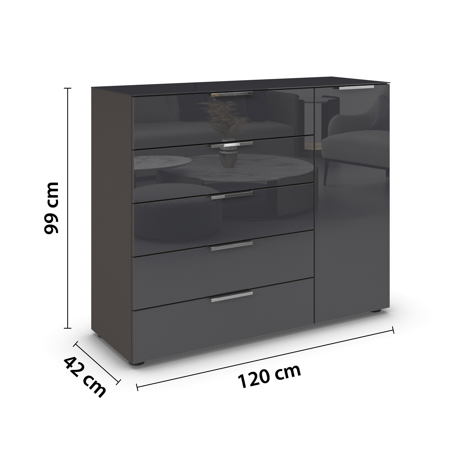 Kommode - graphit-Basaltglas - Chromgriffe - 120 cm