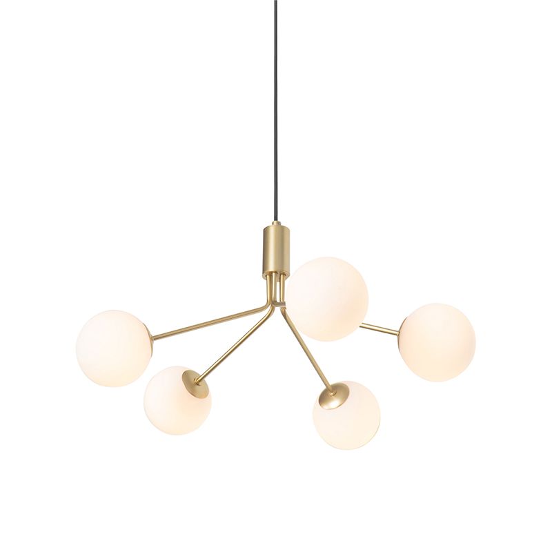 Art Deco hanglamp goud met opaal glas 5-lichts - Coby