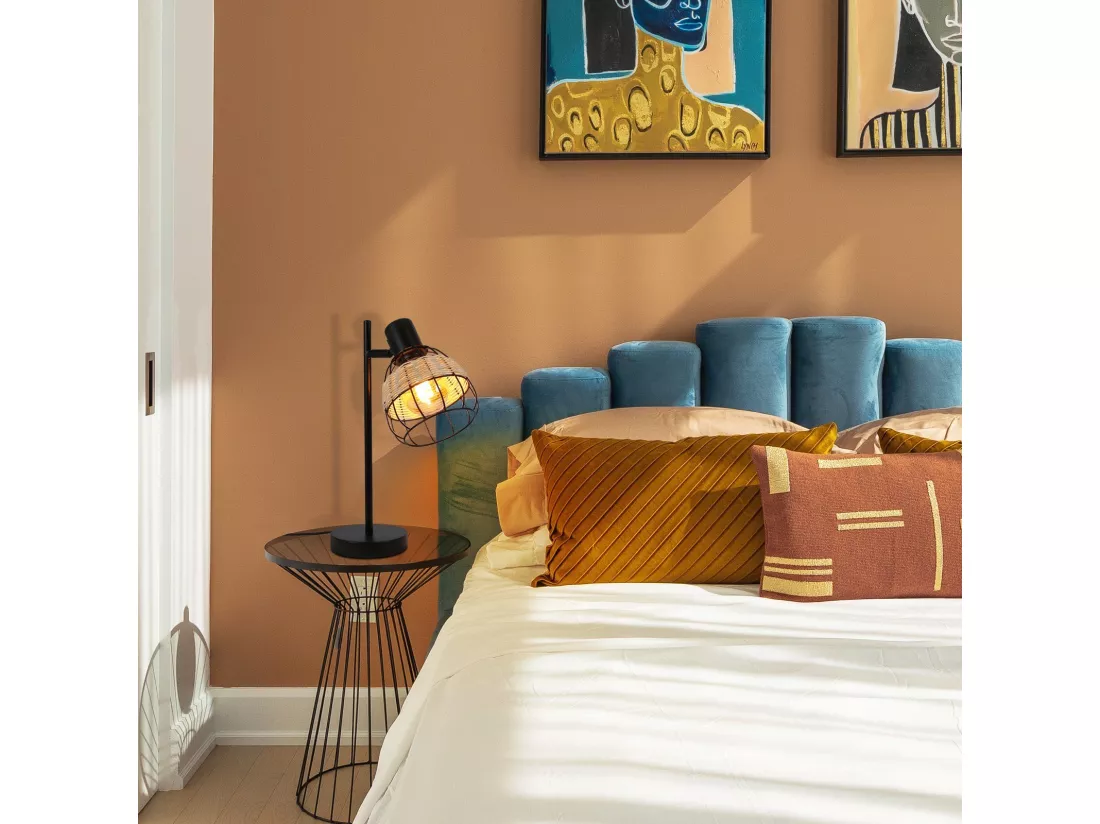 NETTLIFE Lampe de table Vintage Salon Noir - E27Bambou Pivotant Abat-jour avec interrupteur Max.40W - Sans ampoule