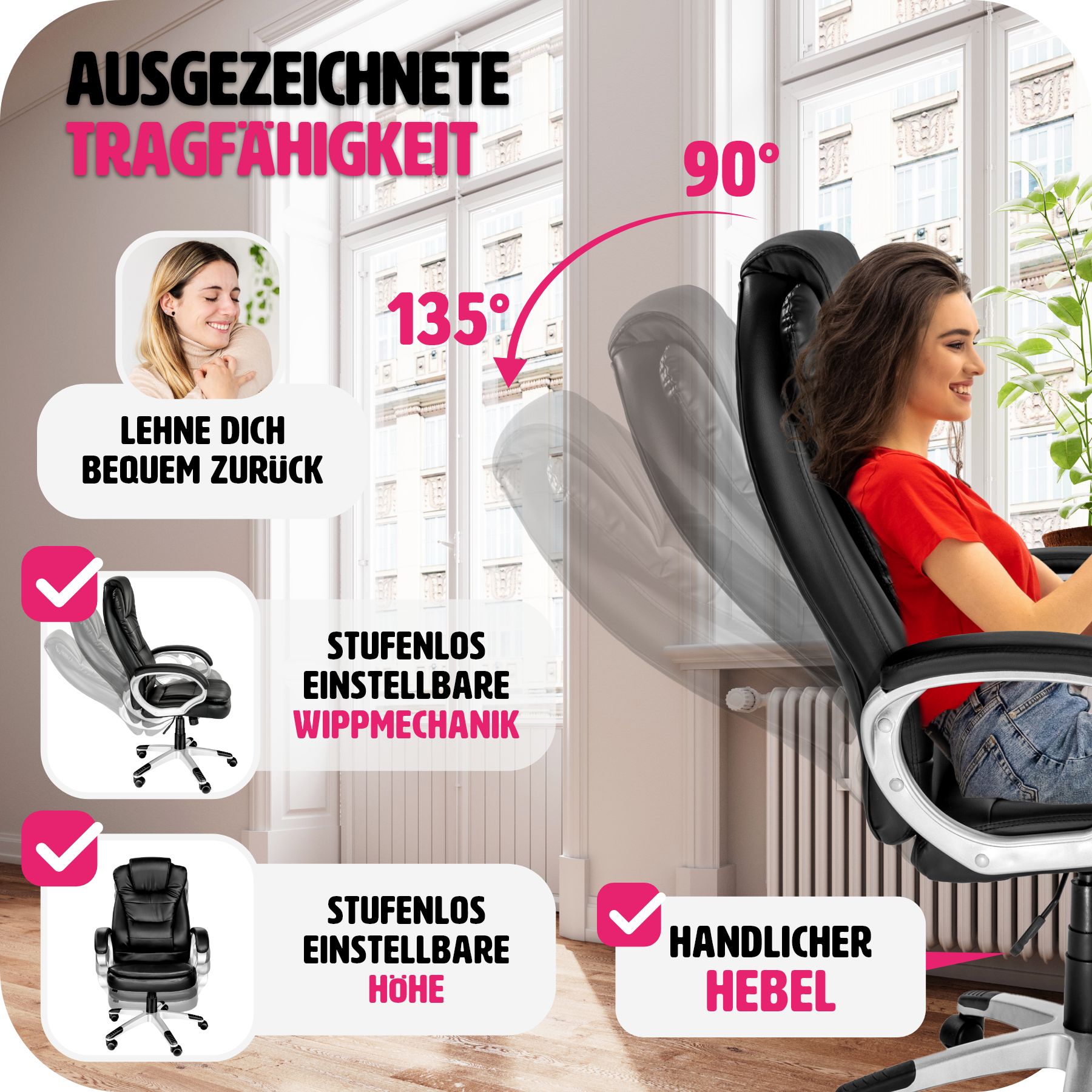 tectake® Bürostuhl, 360° drehbar und stufenlos höhenverstellbar, dicke Polsterung mit Kunstlederbezug, einstellbare Wippfunktion