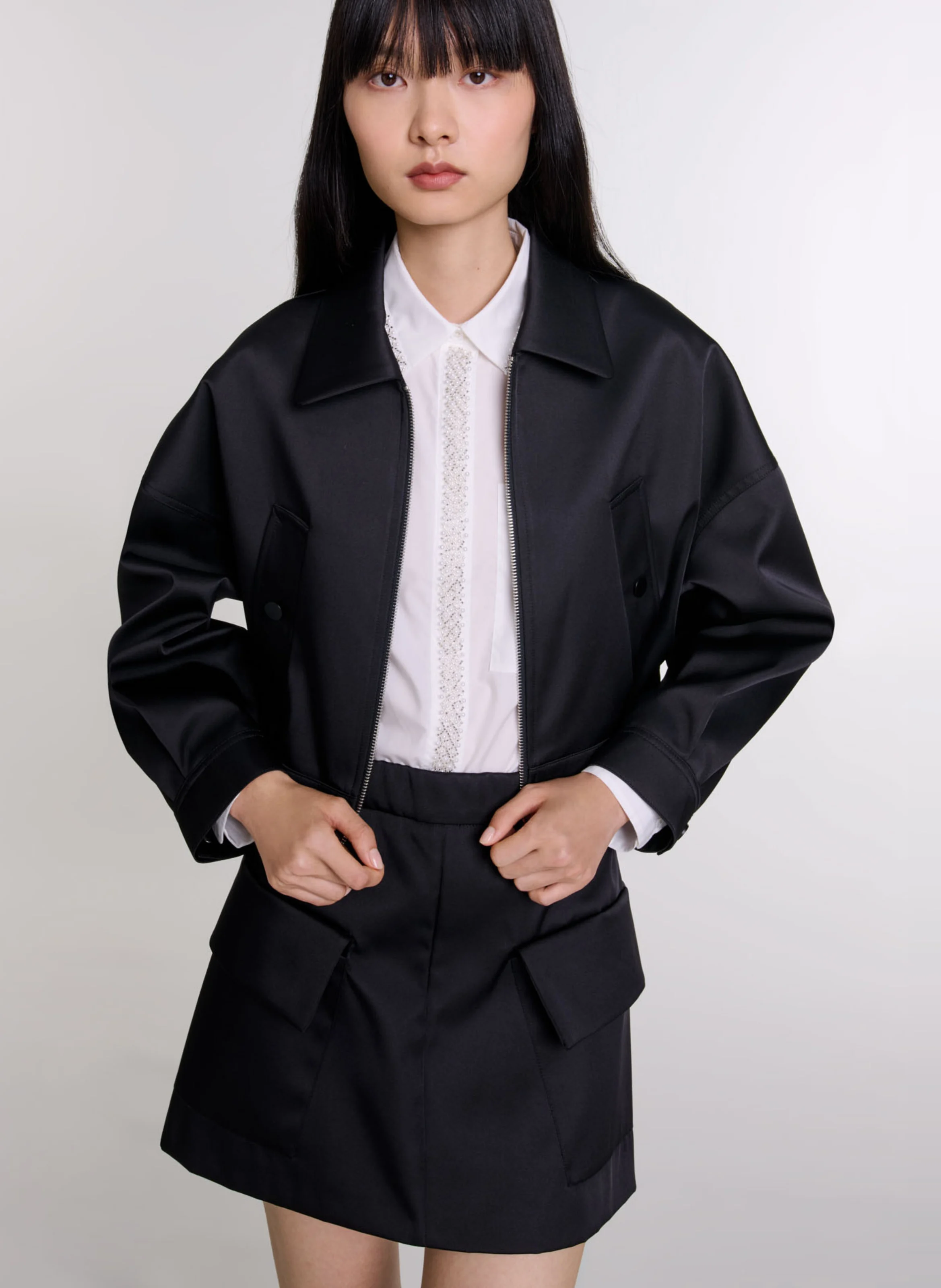 Blouson col classique ample en satin | Noir