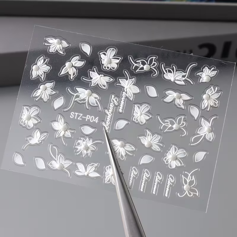 (42-tlg. Set) 5D Nagel Sticker Nail Art Tattoo Selbstklebende Aufkleber Blumen - Weiss