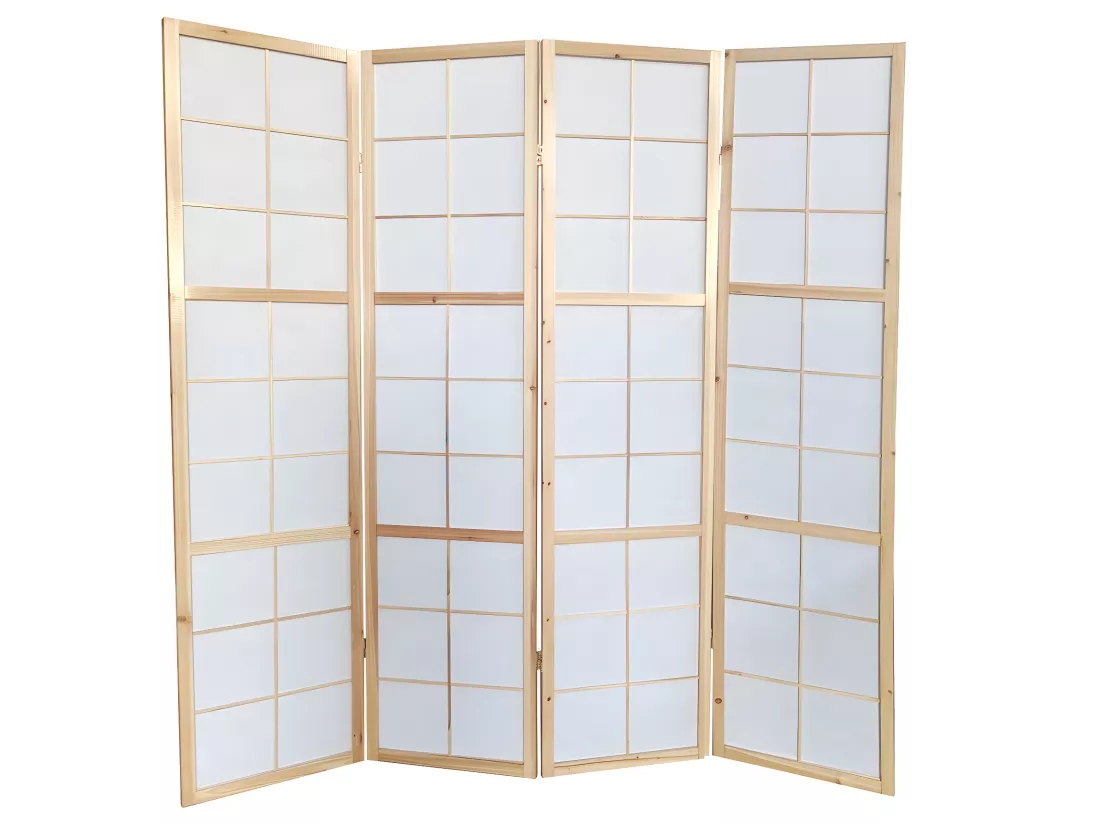 Paravent japonais bois naturel, séparateur de pièce 4 pans - Hauteur 175 cm x Longueur 176 cm