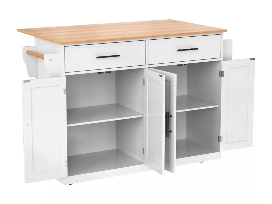 Ilot central de cuisine - 2 tiroirs et 4 compartiments - pieds en roulettes ou en bois - Blanc