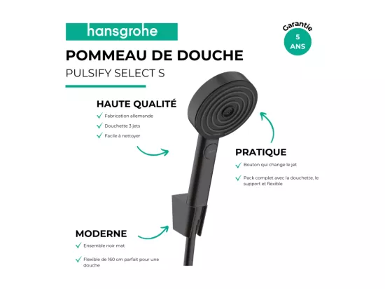 Pommeau de douche HANSGROHE Pulsify Select S 3jet Relaxation avec support et flexible 160 cm noir mat