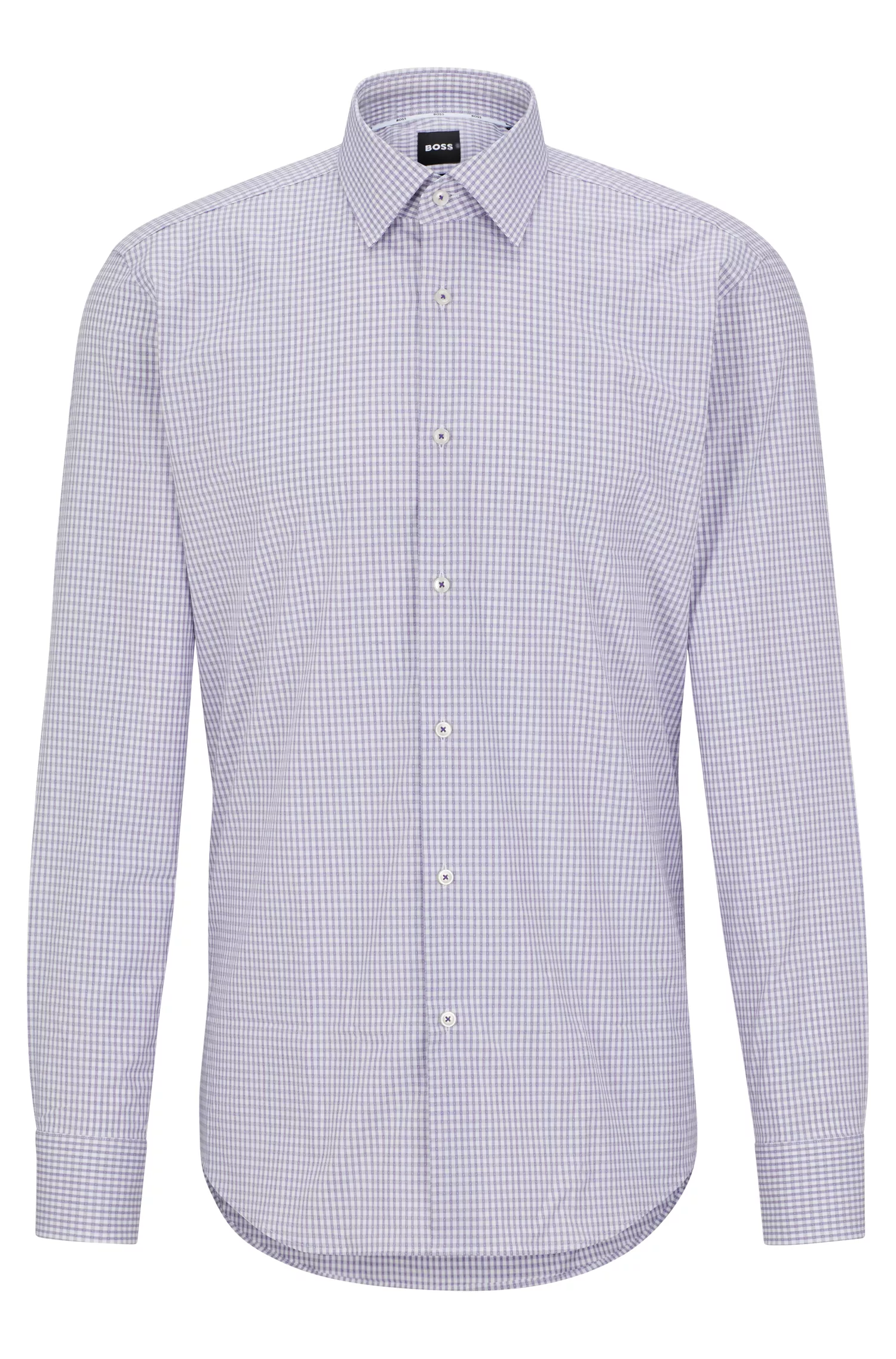 Camisa BOSS preta de corte regular em algodão elástico xadrez.