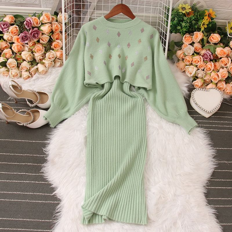 Yolandus - Set: Argyle-trui met ronde hals en patroon + mouwloze V-hals geribbelde midi-jurk