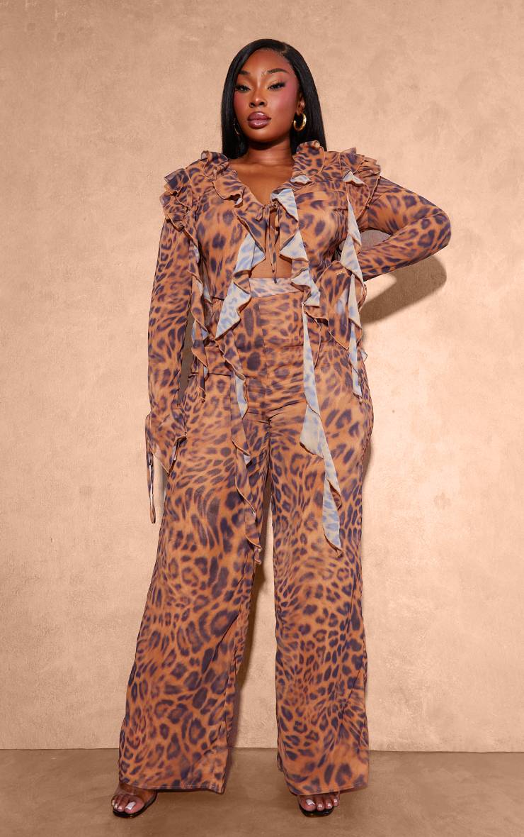 Marron Pantalon Large Taille Mi-haute En Mousseline Imprimé Léopard Grande Taille