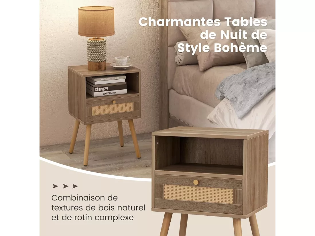 Lot de 2 Table de Chevet Bois avec Tiroir, Tables de Nuit en Rotin, 4 Pieds en Pin, Design Cannage, Compartiment Ouvert, Style Bohème, Table d'Appoint Scandinave pour Salon, Chambre
