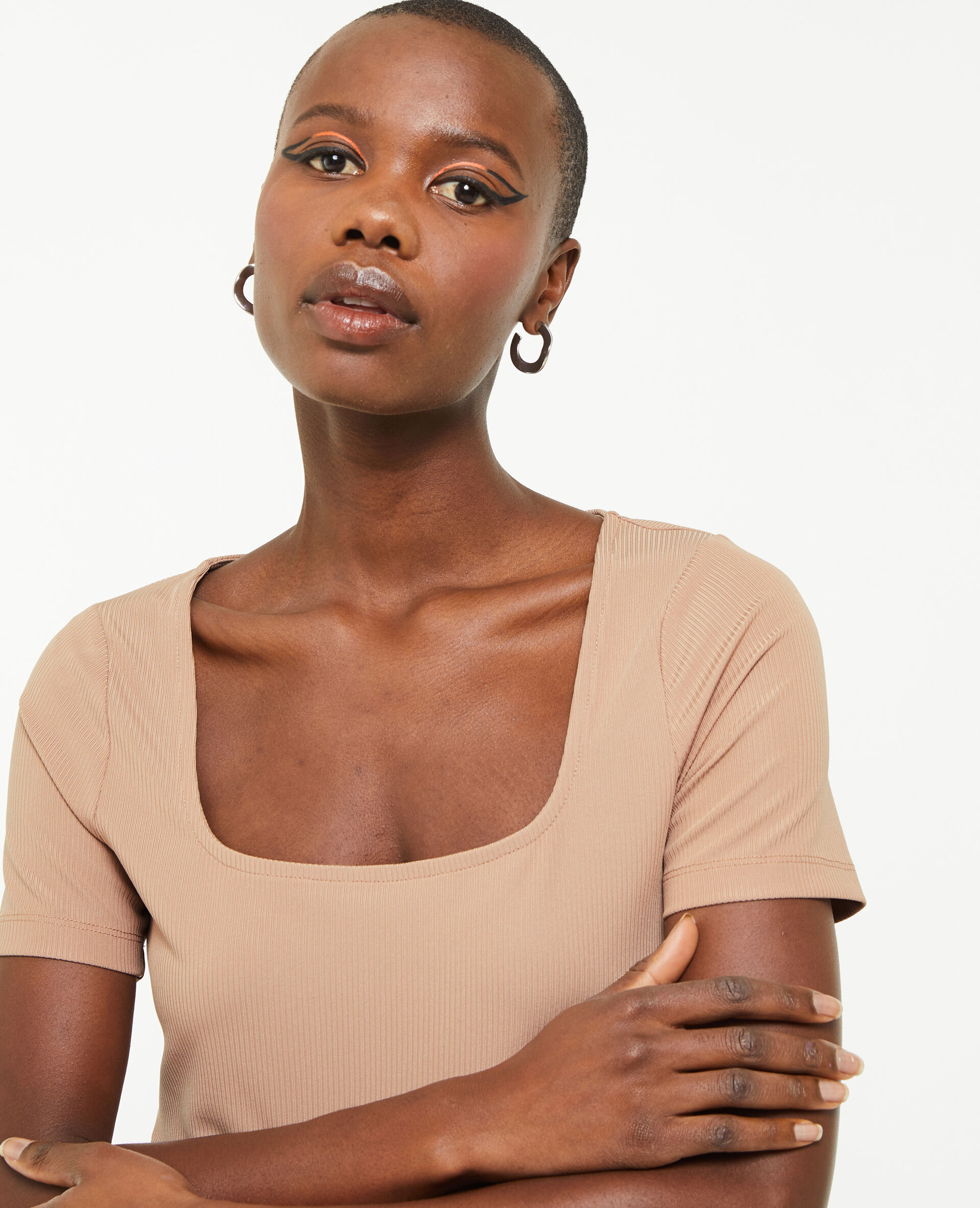 Top encolure carré maille côtelée - Taupe