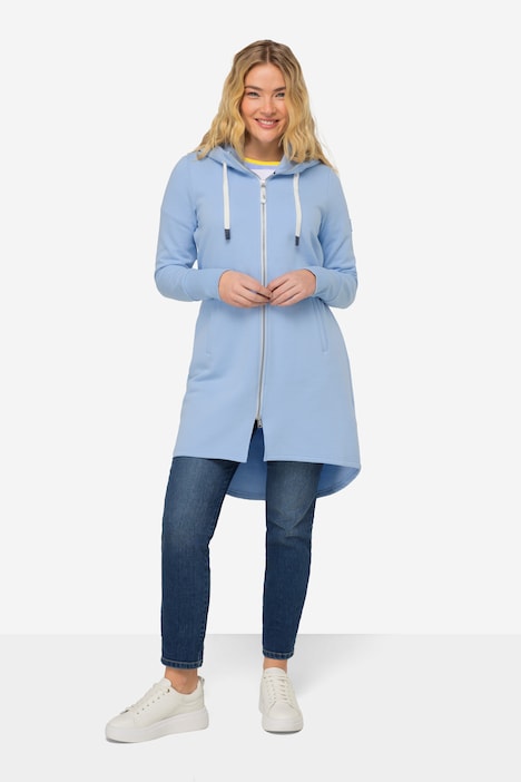 Sweatjacke, lang geschnitten, Kapuze, Taillen-Tunnelzug hinten, Langarm