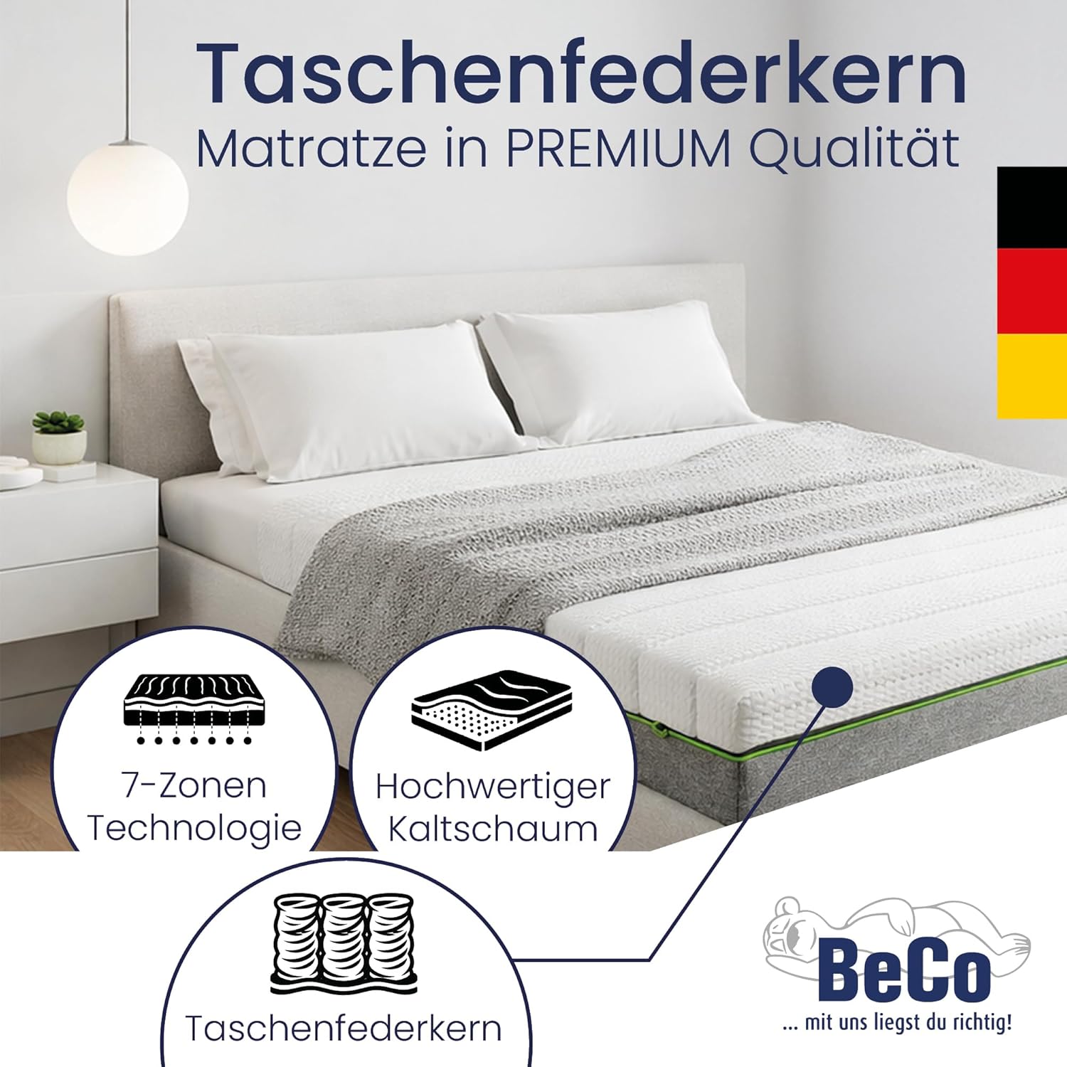 BeCo Feel Like Latex Taschenfederkernmatratze 180x200 cm mit 24 cm Höhe - 7-Zonen Matratze - PUR Like Latex Auflage - Like Latexmatratze mittelfest - Made in Germany