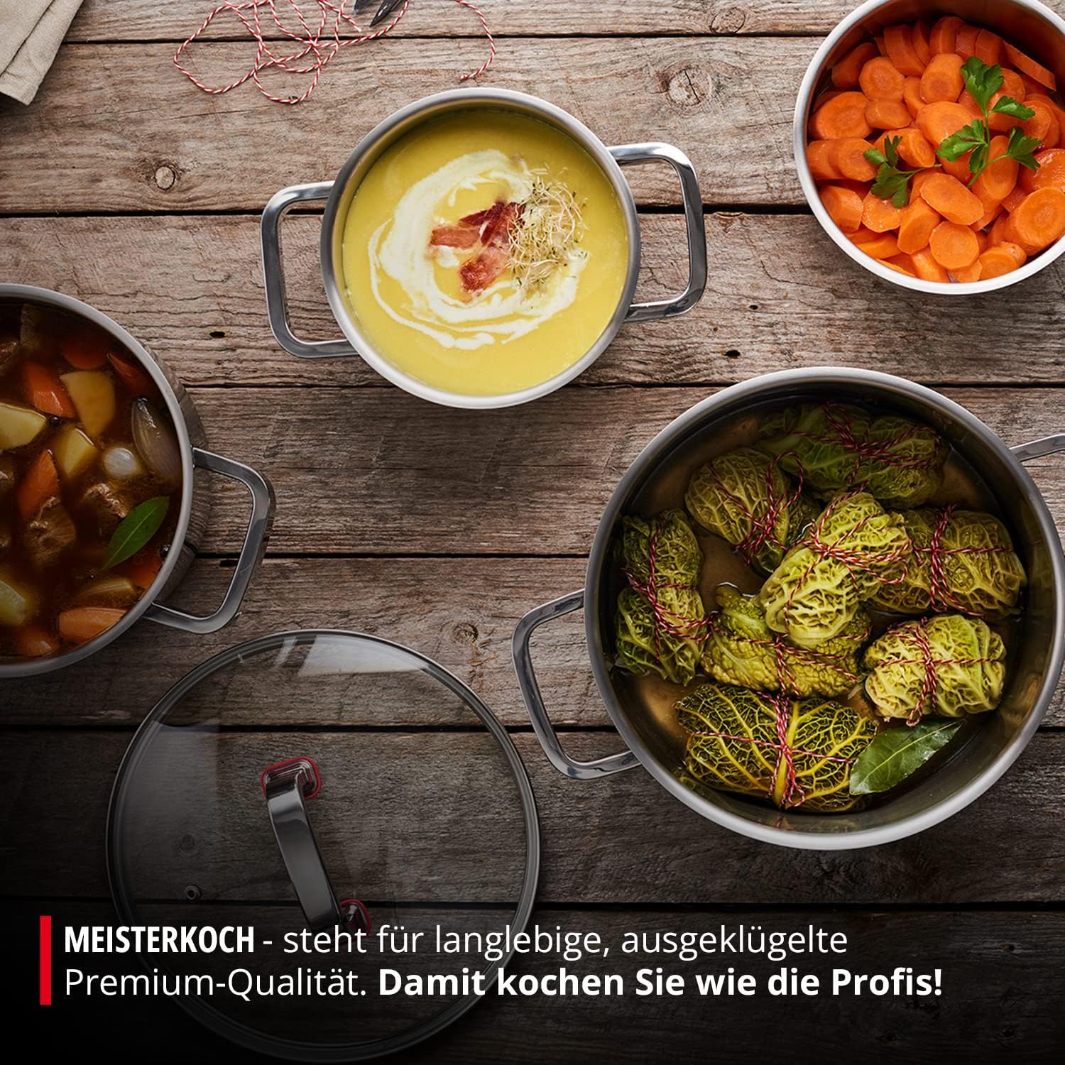 MEISTERKOCH Premium-Topfset aus rostfreiem Edelstahl | Profi-Kochgeschirr 4-teilig inklusive 3 Glasdeckel | isolierende Kaltgriffe, Induktion, Innenskala | 16-24 cm Durchmesser