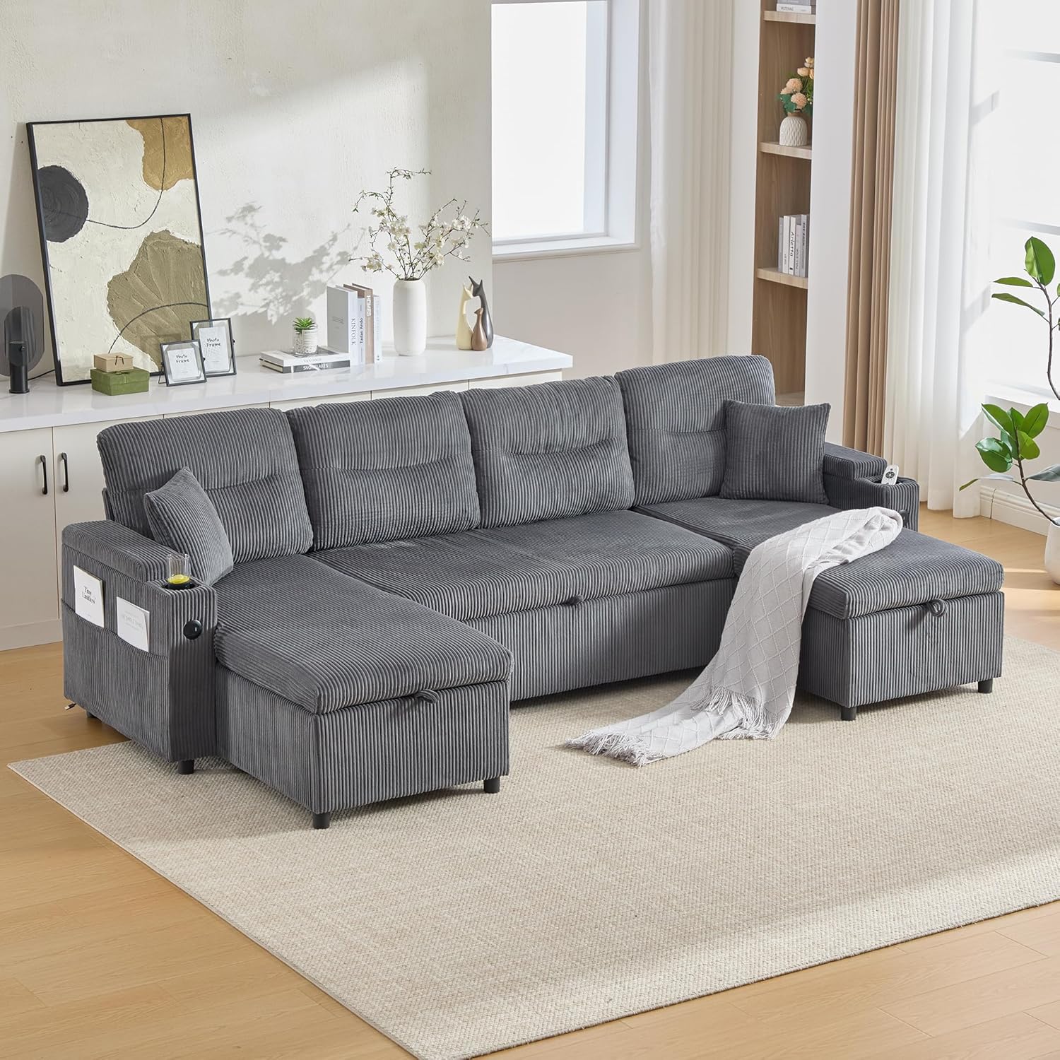 Wohnlandschaft U Form, Sofa mit Schlaffunktion, Schlafsofa mit Beidseitigen Chaiselongues, Samt, Integriertem Stauraum, Getränkehaltern, USB-Anschlüssen, 272×136×86cm (Anthrazitgrau)