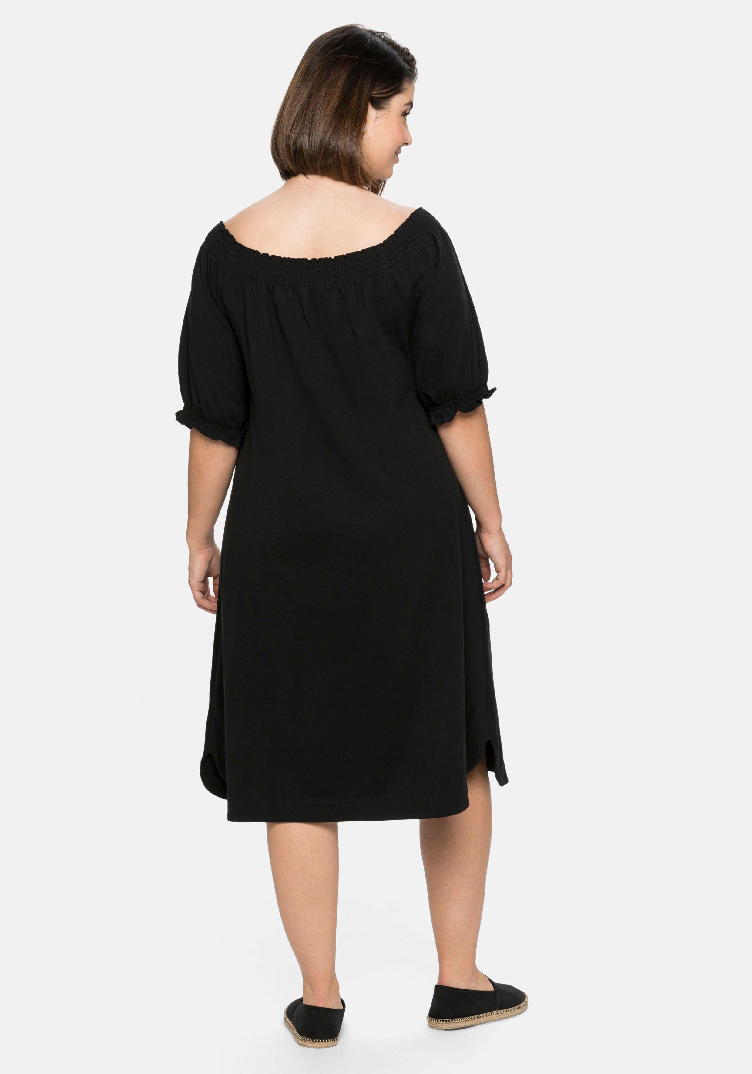 Jerseykleid mit Smok-Ausschnitt und Puffärmeln