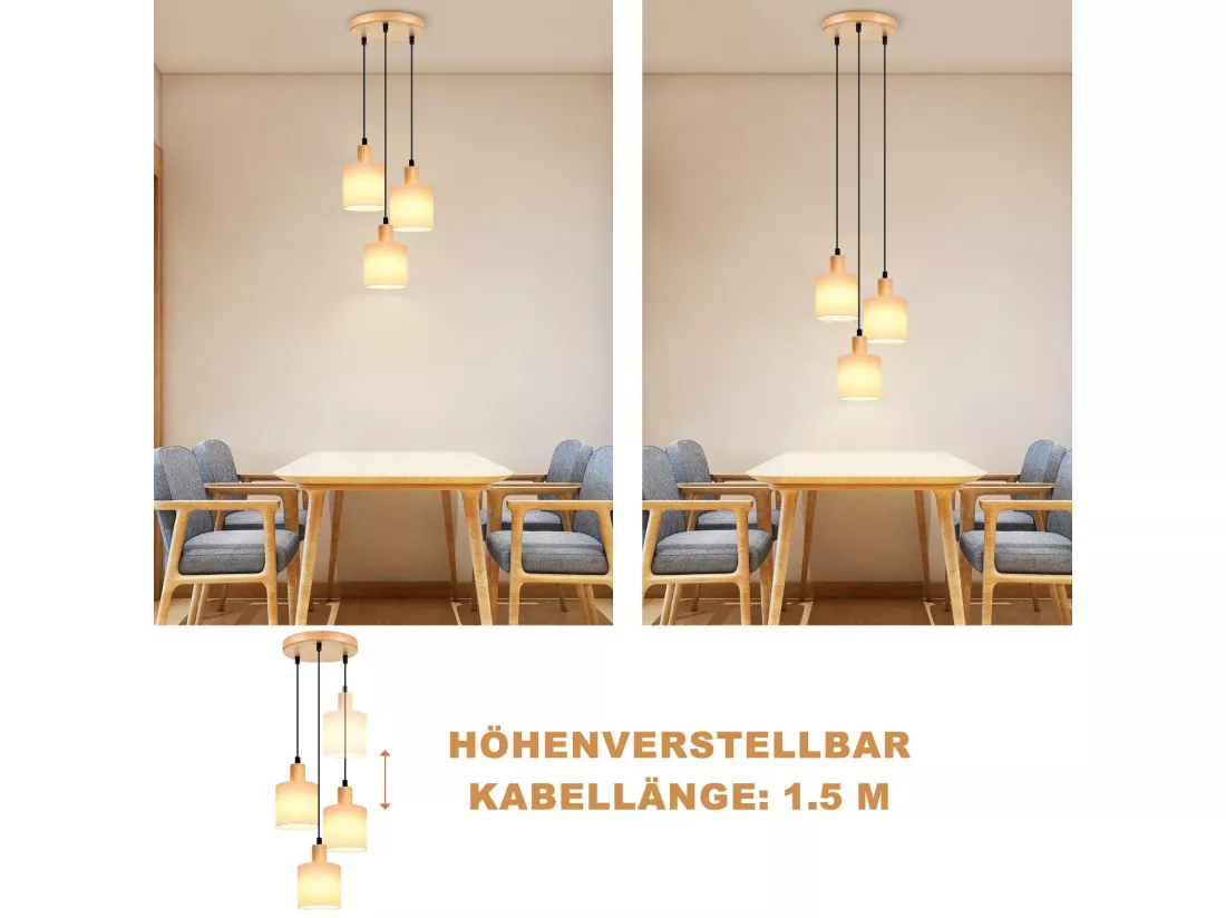 NETTLIFE Suspension bois blanc Diam.20 cm E14 vintage 3 ampoules ronde pour salle à manger restaurant cuisine chambre bureau