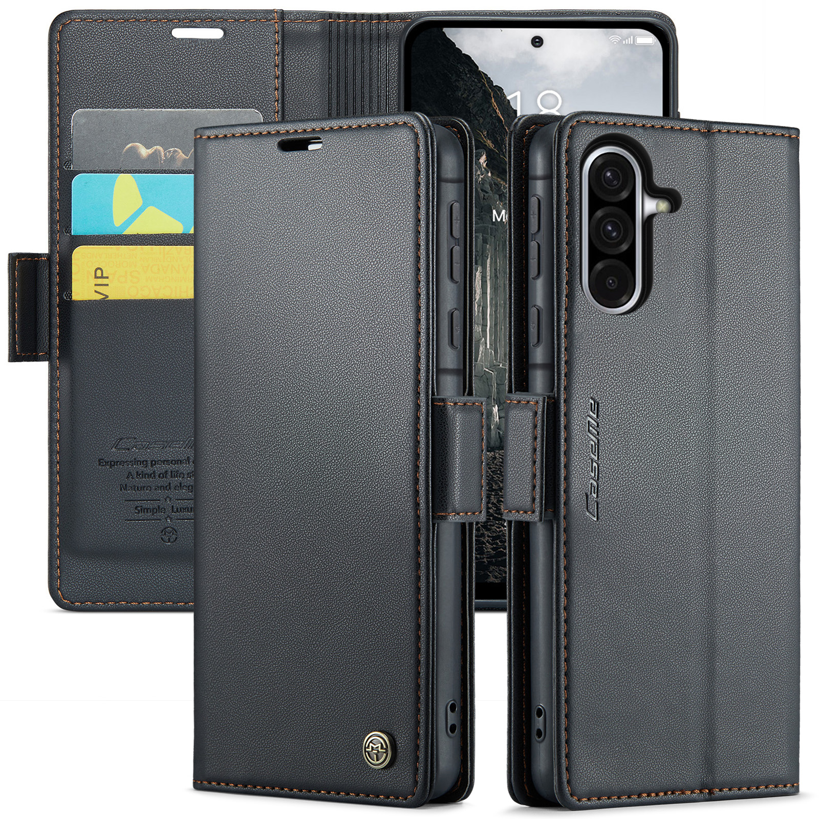 Samsung Galaxy A56 Leder Tasche Flip Wallet Etui mit Kartenfächern Litchi Look (RFID Schutz) - Schwarz