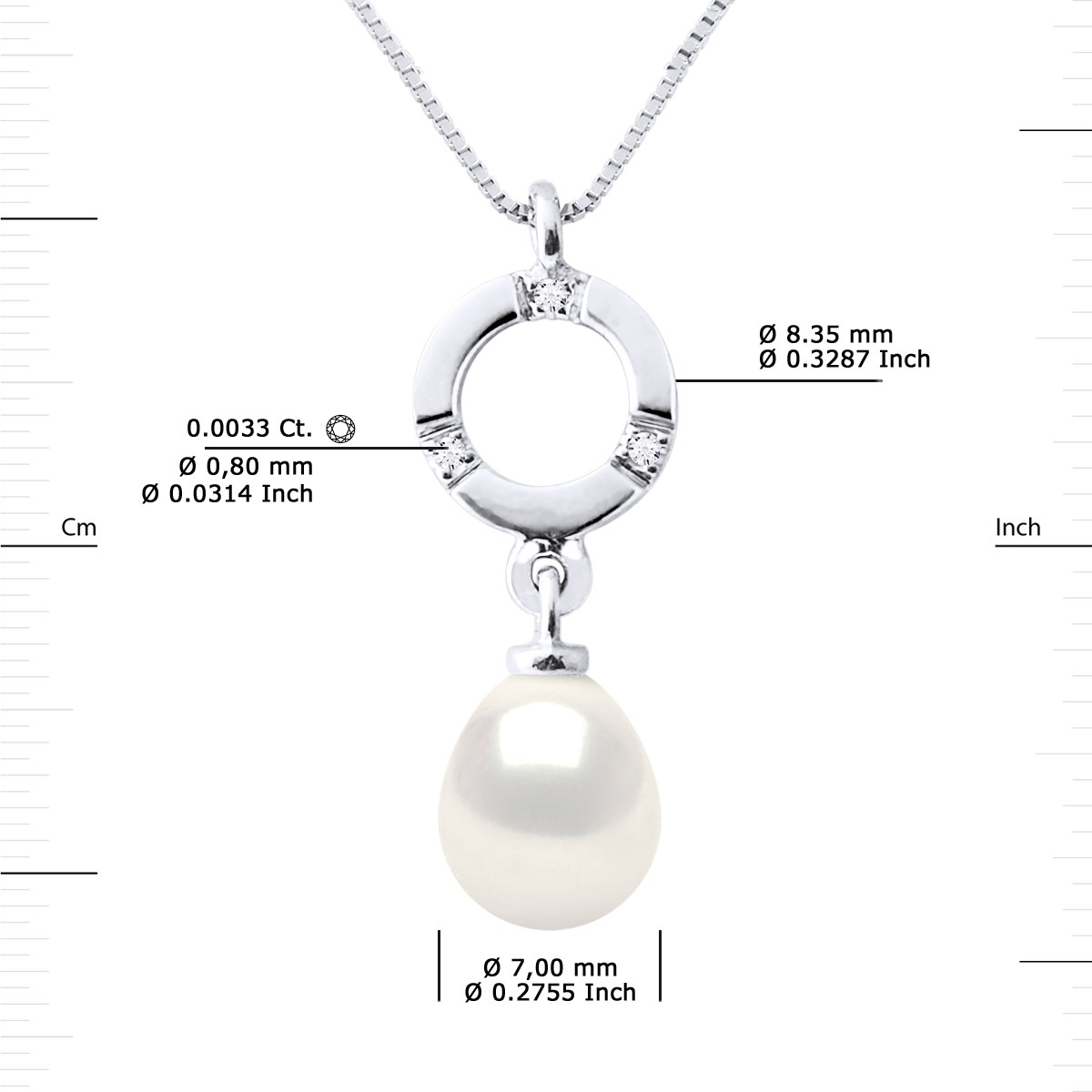 Pendentif Diamants 0,010 Cts Perle de Culture d'Eau Douce Poire 7-8 mm Blanche Or Blanc