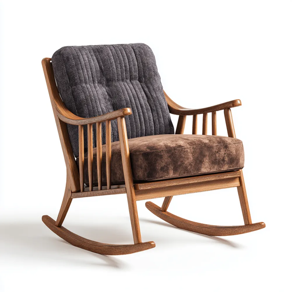 Schaukelstuhl 60x50x95 cm Holzrahmen Stoffkissen Braun/Grau – Modernes Design