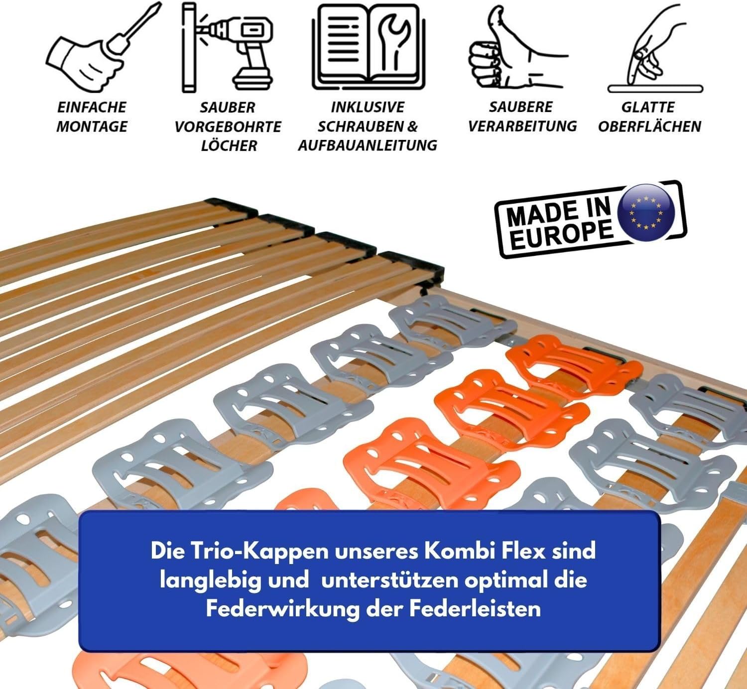 7-Zonen-Federholzleisten-Tellerlattenrost KombiFlex 140 x 200 cm hochflexible Teller für optimale Körperanpassung am Bett, Lattenrahmen Made in EU - Lattenrost starr