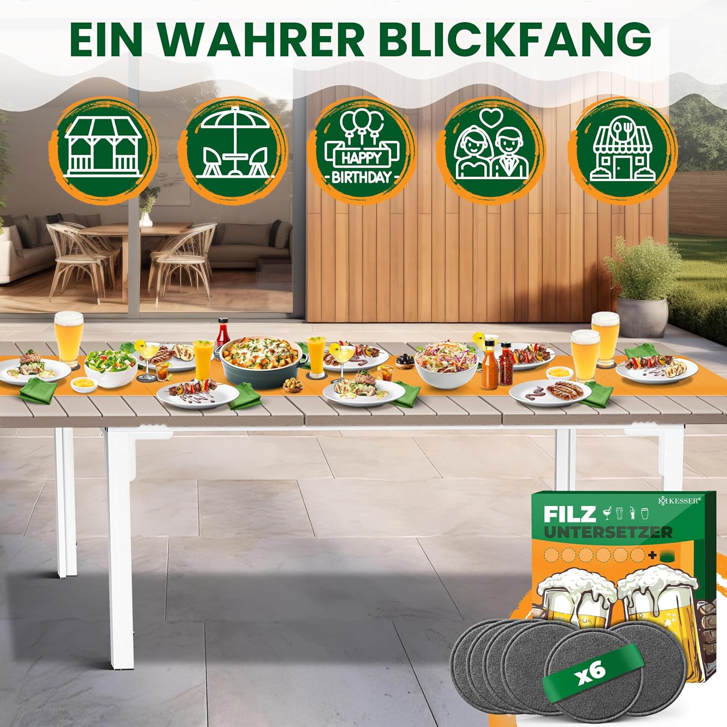 KESSER® Gartentisch ausziehbar Esstisch 180/240x90cm erweiterbar bis 8 Personen Ausziehtisch mit pulverbeschichtetem Stahl-Gestell & HDPE Tischplatte Wetterfest & UV-Beständig inkl. 6 Filz-Untersetzer