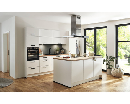 Nobilia Elements keukenblok zonder apparatuur Urban 300 cm alpinewit mat voorgemonteerde variant links 4004539053878