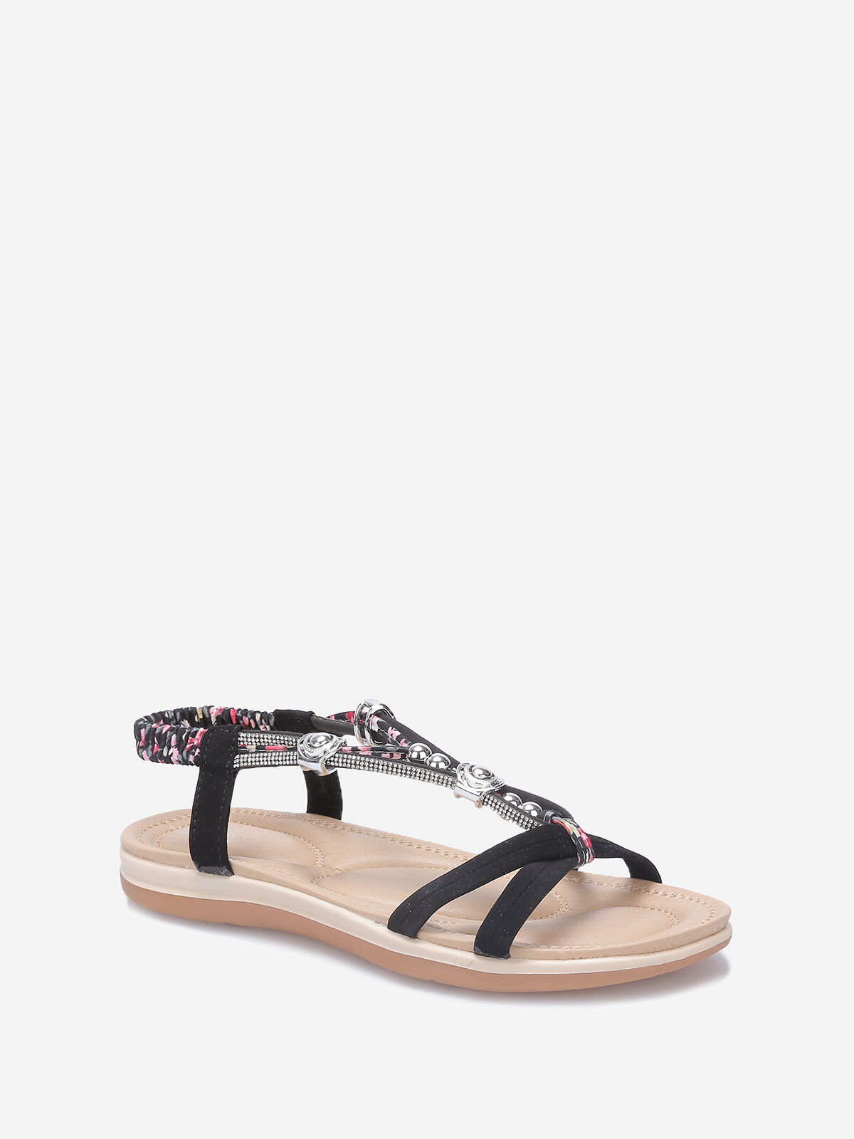 Nu-pieds à brides fleuries en strass et perles- Noir