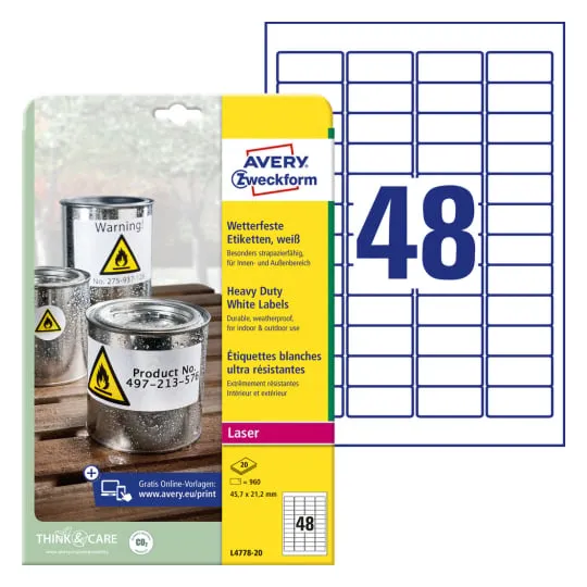 Etiketter Avery 45,7x21,2 mm hvid, holdbare, vandfaste - (20 ark x 48 stk.)