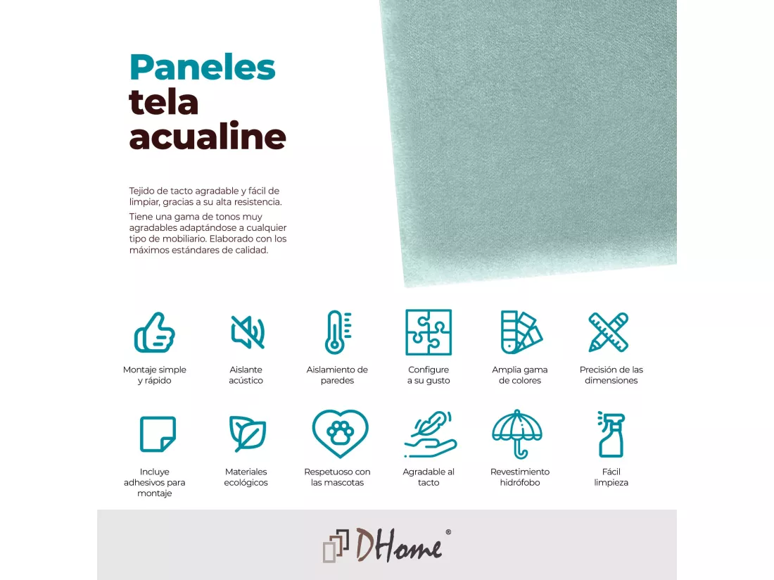 DHOME Lot de 8 Panneaux Rembourrés en Tissu Aqualine Autocollants pour Mur Acoustiques Absorbants Protection contre les choc (Vert d'Eau, 60x40cm, x8)