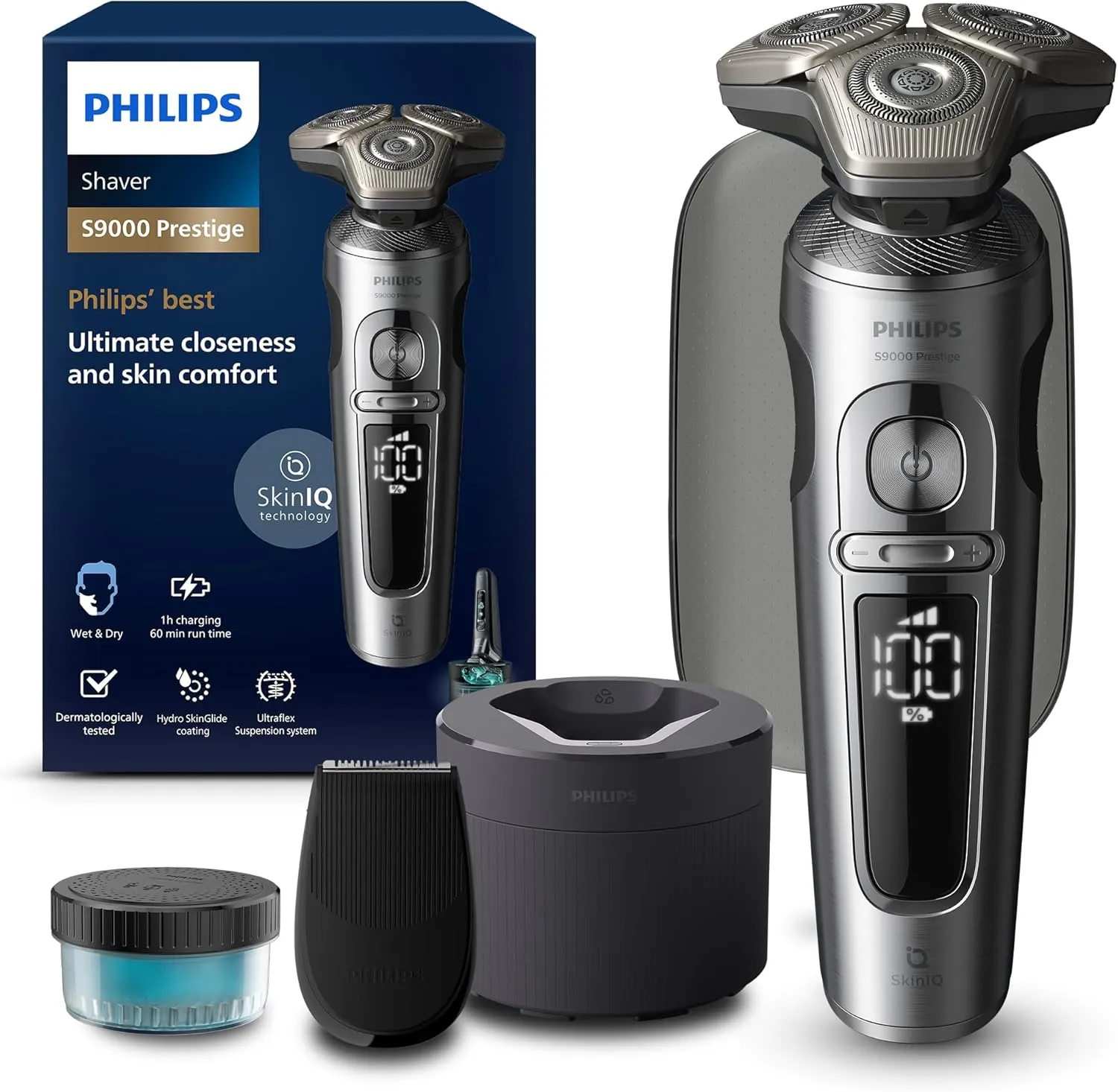 Philips Shaver S9000 Prestige, elektrischer Nass- und Trockenrasierer, helles Chrom, Lift & Cut-Rasiersystem, SkinIQ Technologie, Präzisionstrimmer, Reinigungsstation und Reiseetui, Modell SP9841/32