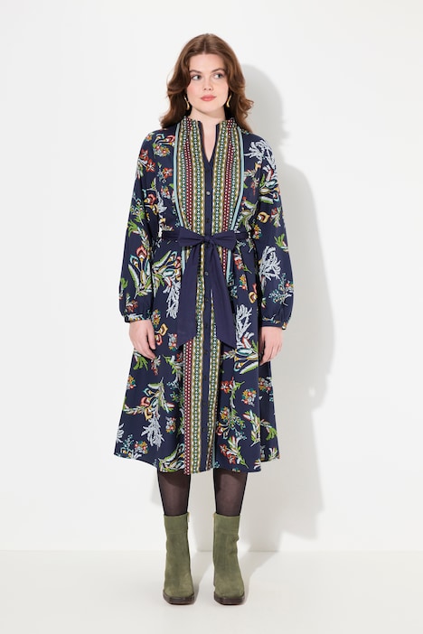 Midikleid, Landhaus-Druck, A-Linie, Kelchkragen, Langarm