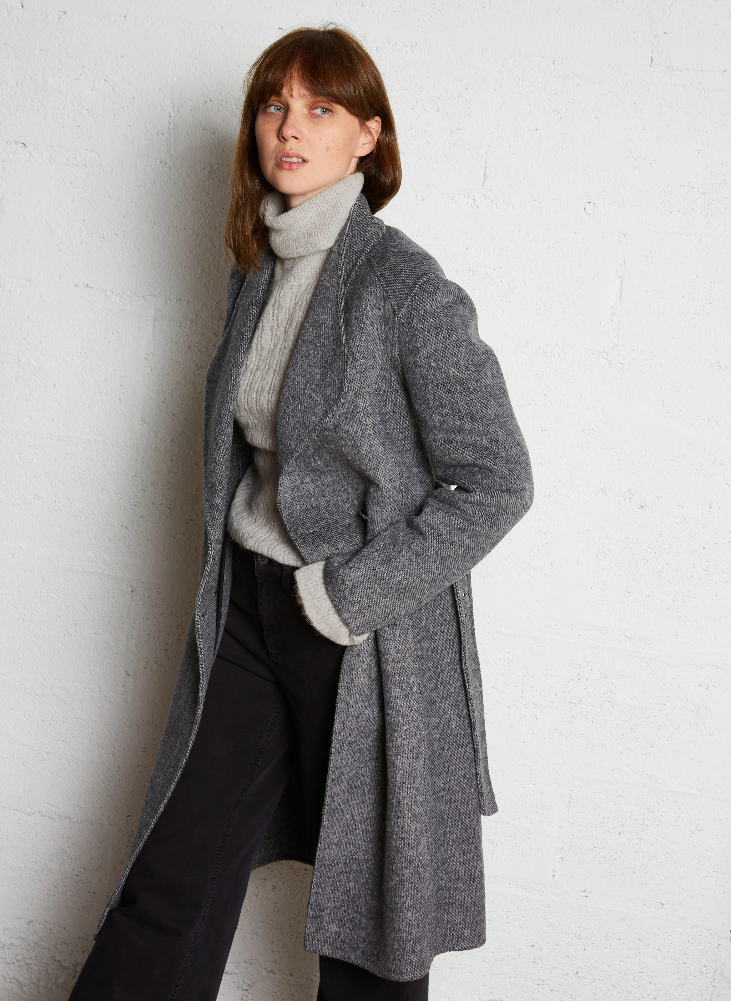Manteau droit col à revers en laine mélangée | Gris
