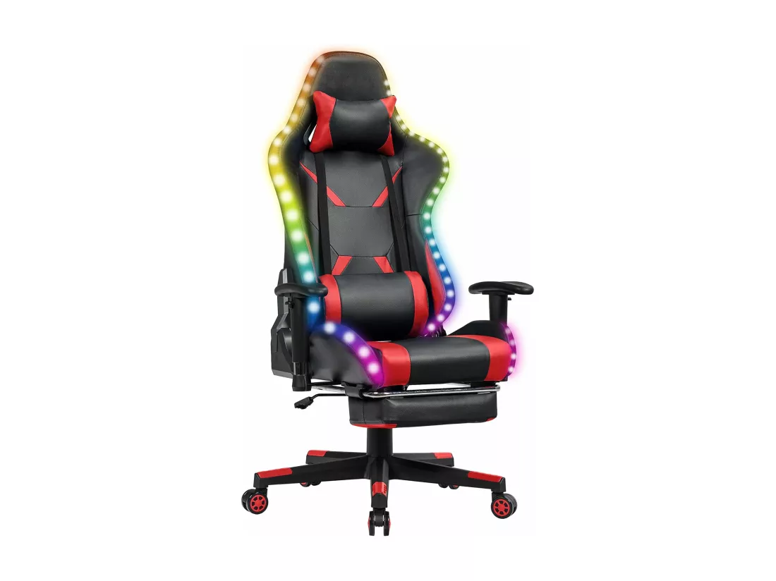 Chaise Gaming RVB , Fauteuil Gamer Éclairage LED 358 Effets en PU avec Dossier, Hauteur et Repose Pieds Réglable Rouge