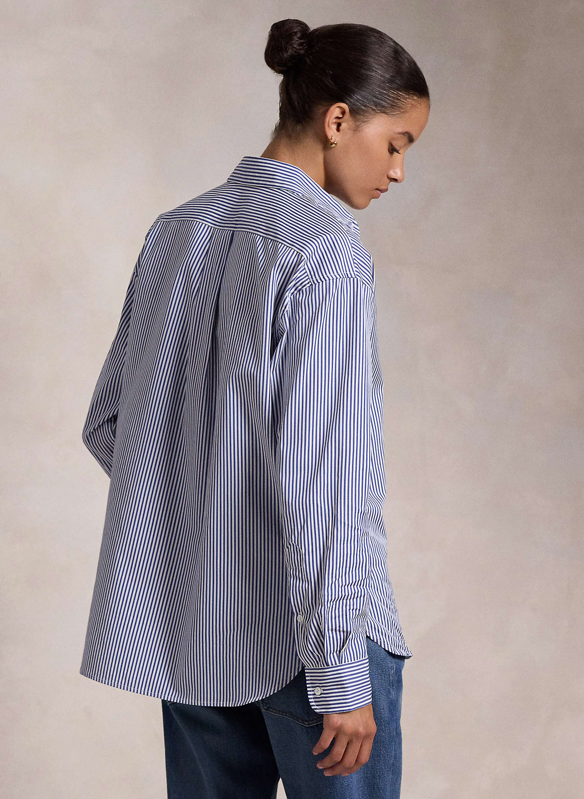 Chemise droite col polo en coton rayé | Bleu