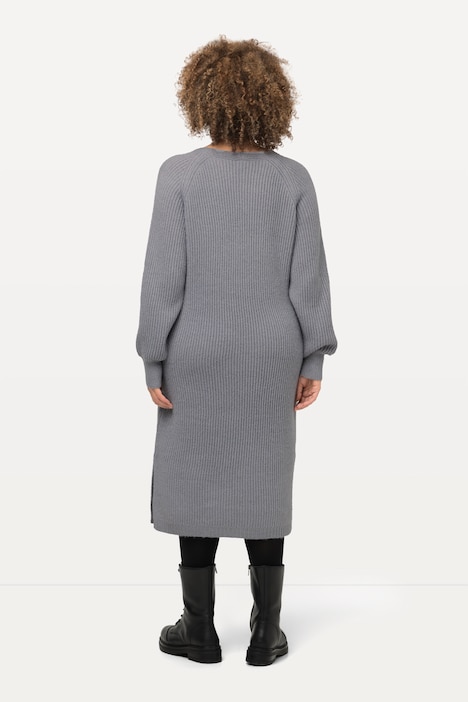 Midikleid, Rippstrick, V-Ausschnitt, Langarm, Strickkleid