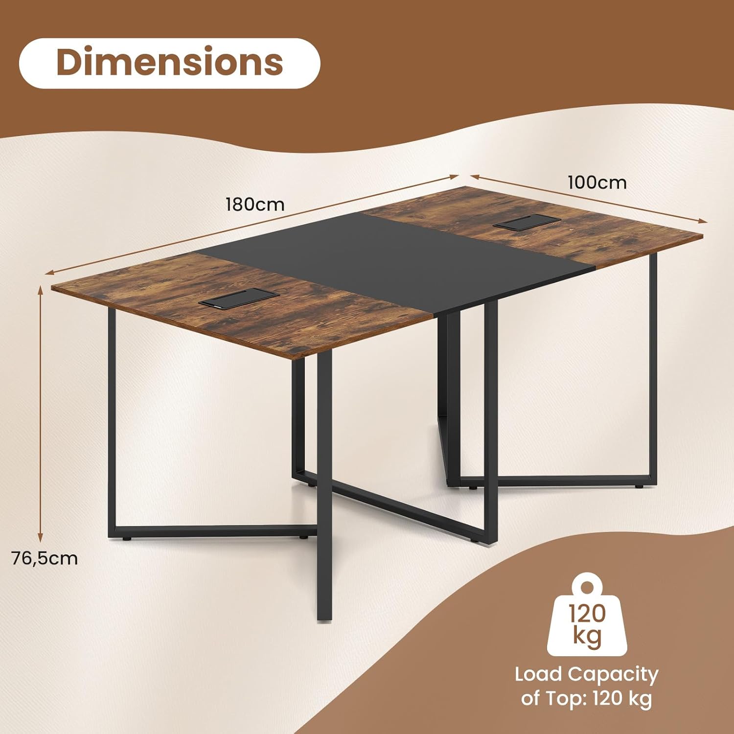 GIANTEX Konferenztisch 180 x 100 cm, Großer Besprechungstisch für 6 bis 8 Personen, rechteckiger Bürotisch mit 2 Kabeldurchlässen, Metallgestell, Traglast 120 kg, für Besprechungsraum & Büro
