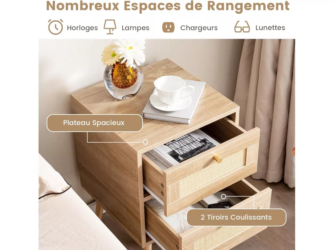 Table de Chevet en Rotin, Table de Nuit Bois avec 2 Tiroirs et 4 Pieds en Pin, Porte Cannage, Table d'appoint scandinave pour Salon, Chambre, Style Bohème, 40 x 40 x 59 cm (1, 40x40x59cm)