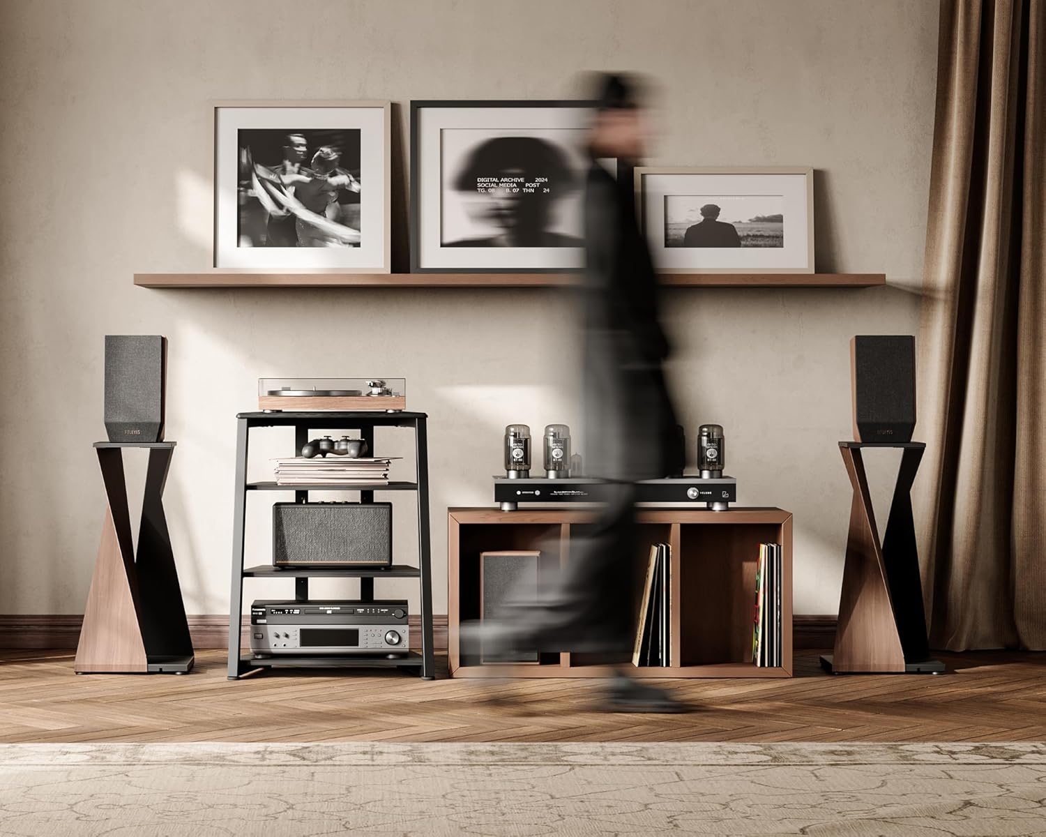 FITUEYES Design HiFi Rack aus Holz & Stahl, Plattenspieler Tisch mit verstellbaren Ablage, HiFi Regal für Plattenspieler & Stereoanlagen & Kompaktanlage, 61 x 52 x 78 cm